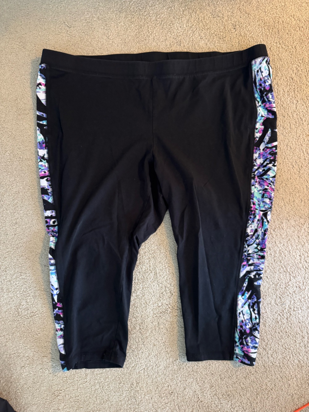 Catherines Black Capri Leggings with Purple and Aqua Floral Side Panels